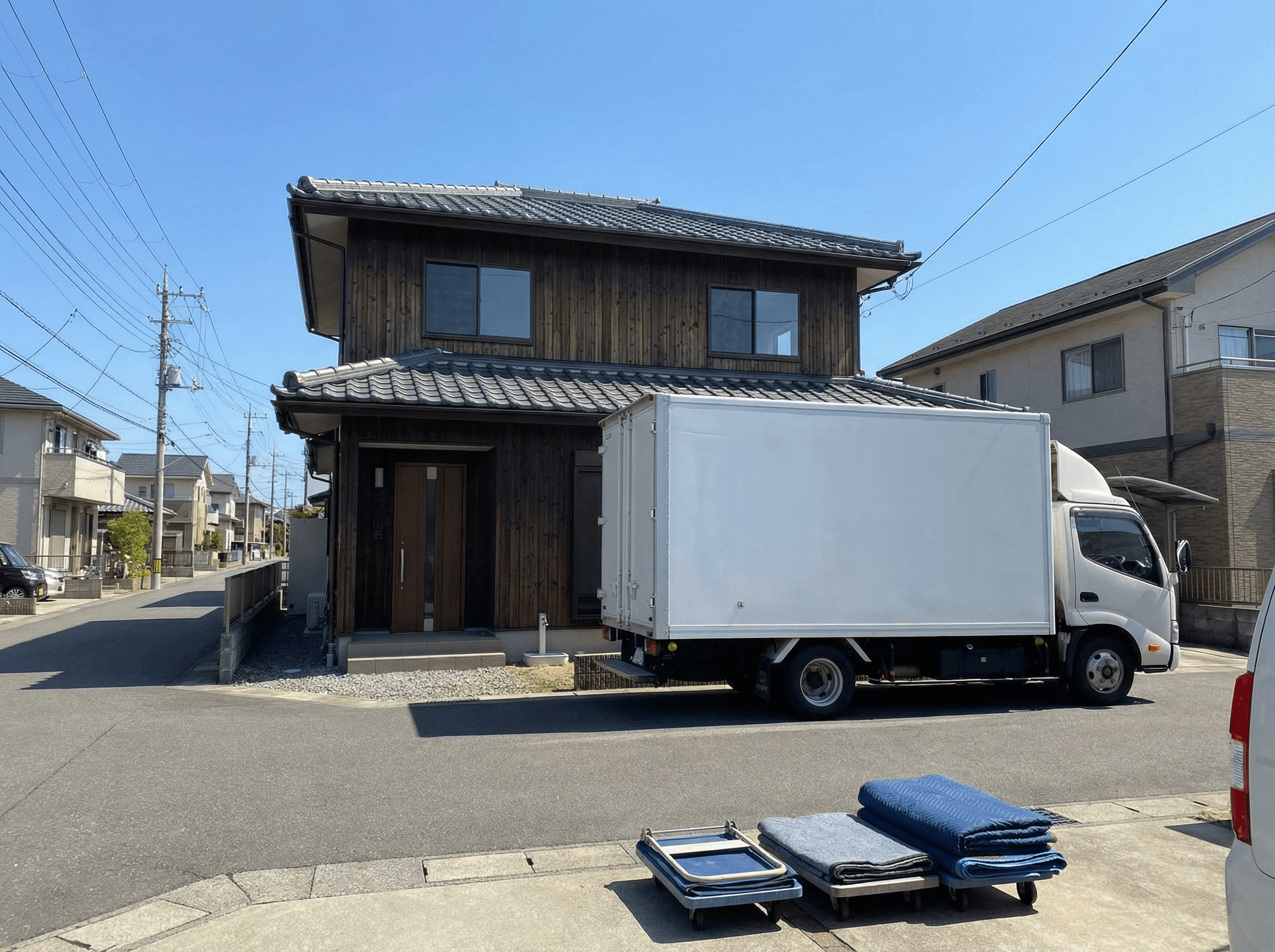 空になった家の前で、荷物を積んだトラックの写真