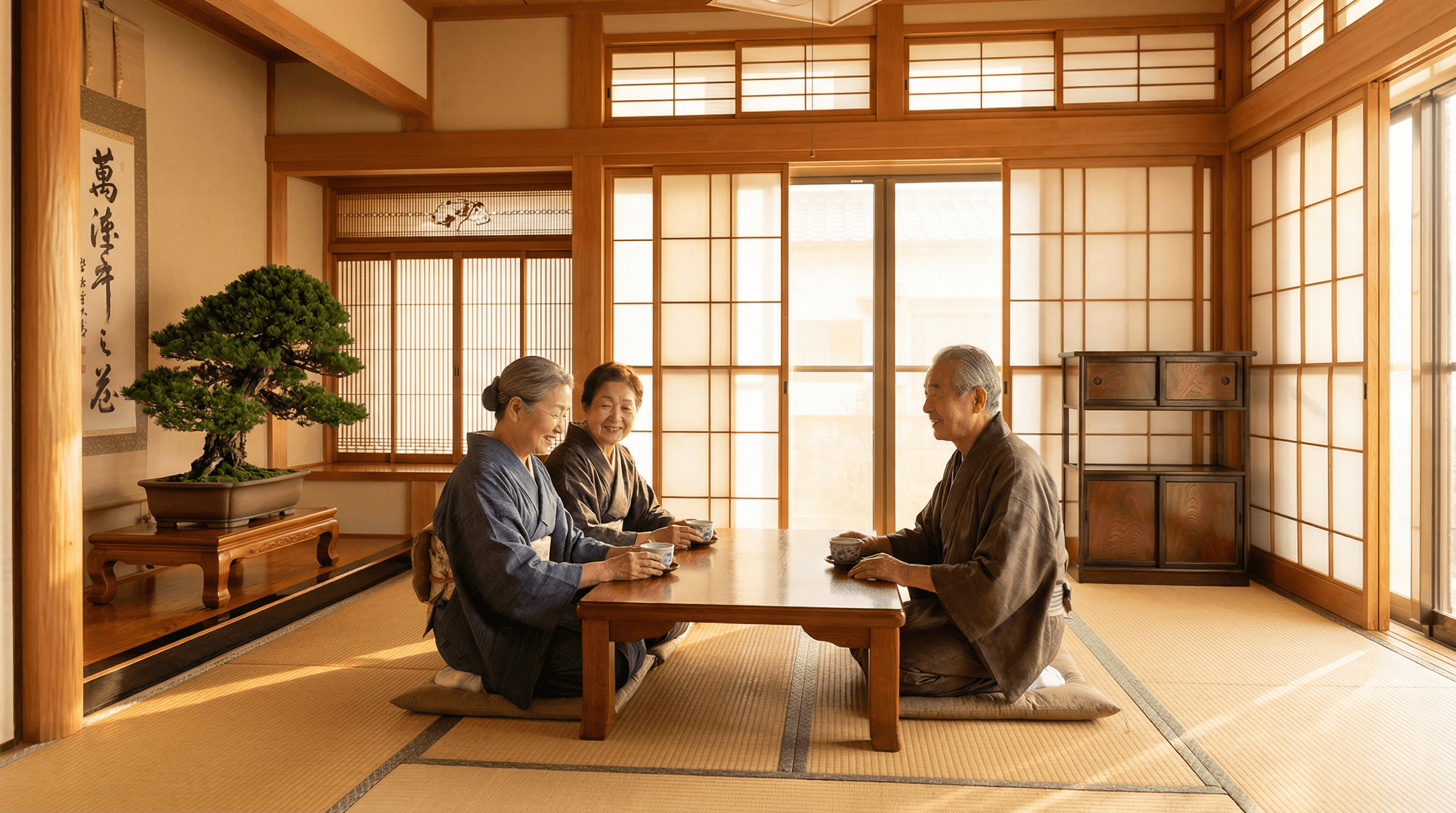 長崎の美しい自然を背景に、代表の寺田様と女性スタッフ2名が清潔感のある作業服を着て立っている写真