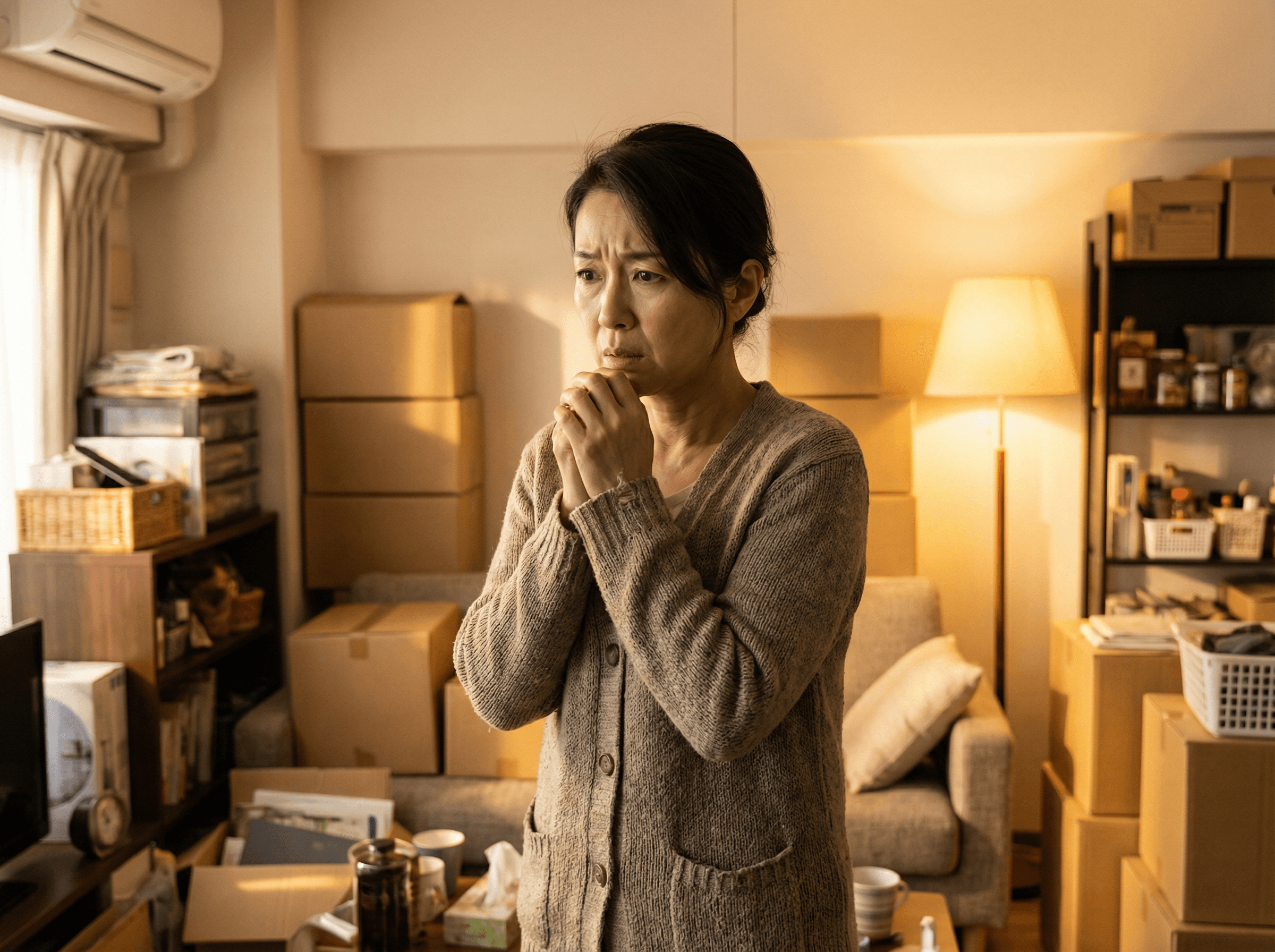 少し困った表情で書類や古い写真を見つめる中高年人物