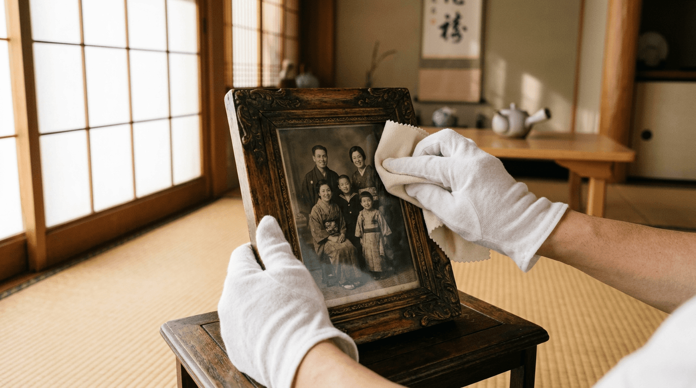 遺品整理士の認定証と、スタッフが白い手袋をはめ、遺品を丁寧に布で拭いている手元写真。