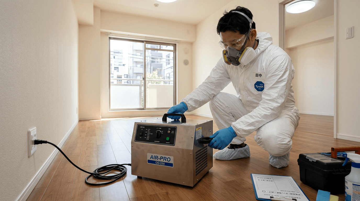 専用の防護服を着たスタッフが、オゾン脱臭機を設置している写真。プロフェッショナルな雰囲気。