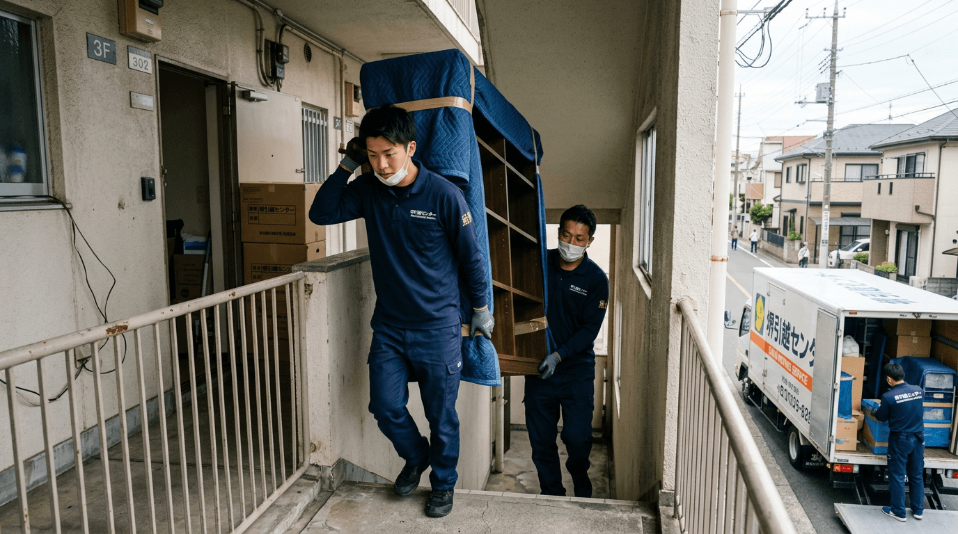 スタッフが丁寧に家具を運び出している後ろ姿の写真と、積み込んだトラックの写真。