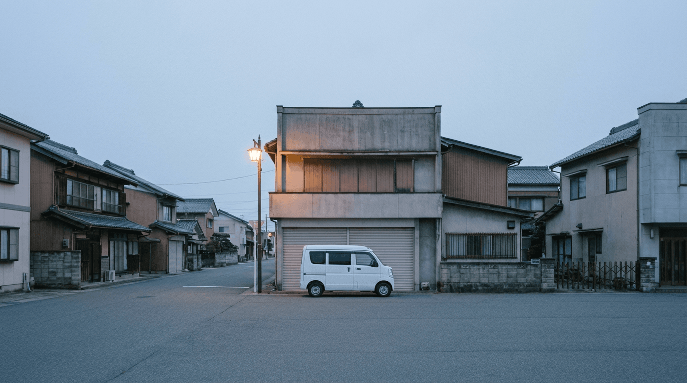 早朝の静かな街並みと街灯の明かり、事業所前に停まる白い作業用バンの写真。いつでも対応できる体制をイメージした風景